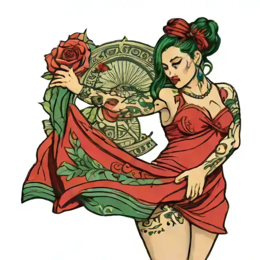 bbw dancer in red dress with green hair tattoo holding tattoo design idea