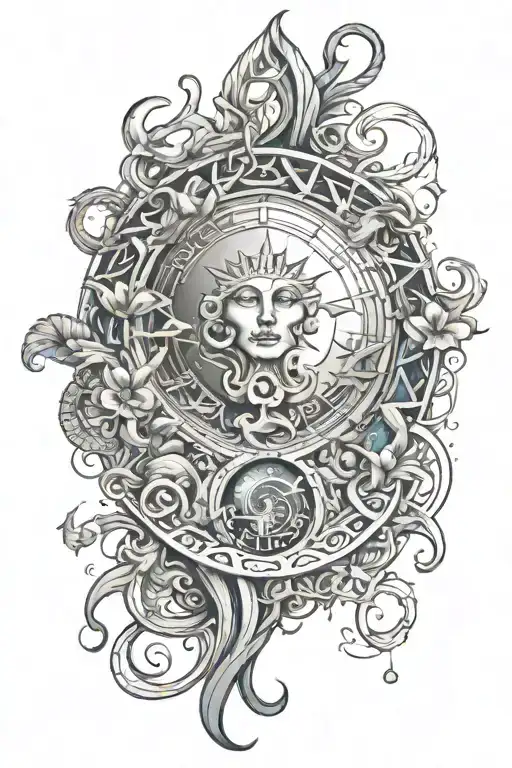 Tattoo that combines trans symbols, the Aquarius zodiac sign and things that represent Namibia  tattoo design idea