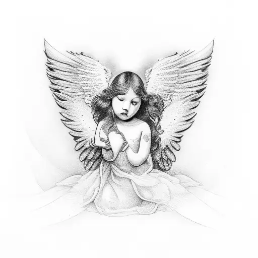 Angel de apoyado con alas en fuego tattoo design idea