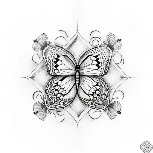 traditional Croatian circle and fence tattoo surrounded by two butterflies sized 3" by 3" in black ink with shading  tattoo design idea