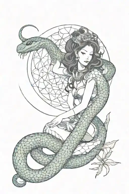 snake moon line feminine tattoo design idea