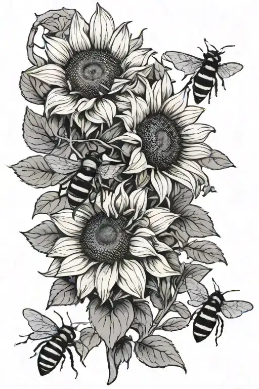sunflowers and flying honeybees tattoo design idea