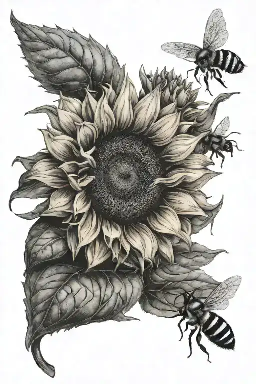 sunflowers and flying honeybees tattoo design idea