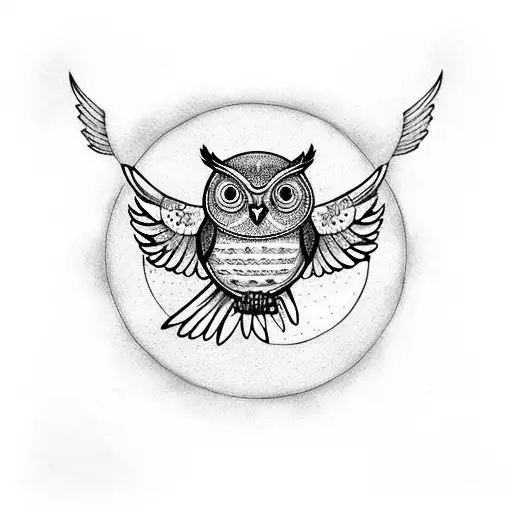 Bubo virginianus owl flying with open wings on a full moon night holding a clock tattoo design idea