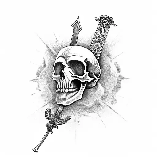skull, sword, roses, viking tattoo design idea