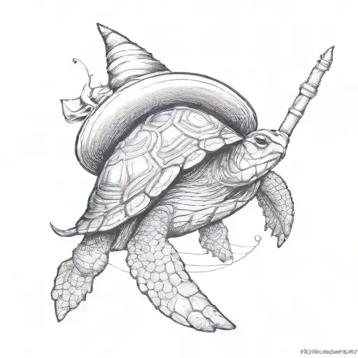 A turtle wearing a witch hat and casting a spell tattoo design idea
