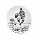 A traditional style tattoo of a rugby player kicking a lawn bowl with a sunset beach backdrop tattoo design idea