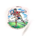 A traditional style tattoo of a rugby player kicking a lawn bowl with a sunset beach backdrop tattoo design idea