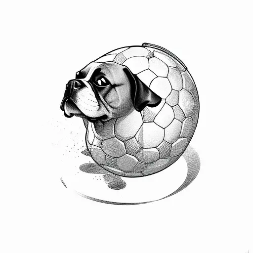 A dog driving a soccer ball on a curvy road with palm trees lining the sides tattoo design idea