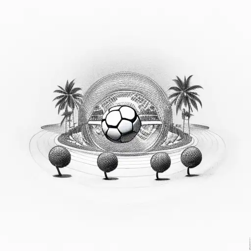 A dog driving a soccer ball on a curvy road with palm trees lining the sides tattoo design idea
