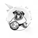 A dog driving a soccer ball on a curvy road with palm trees lining the sides tattoo design idea