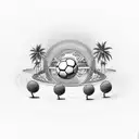 A dog driving a soccer ball on a curvy road with palm trees lining the sides tattoo design idea