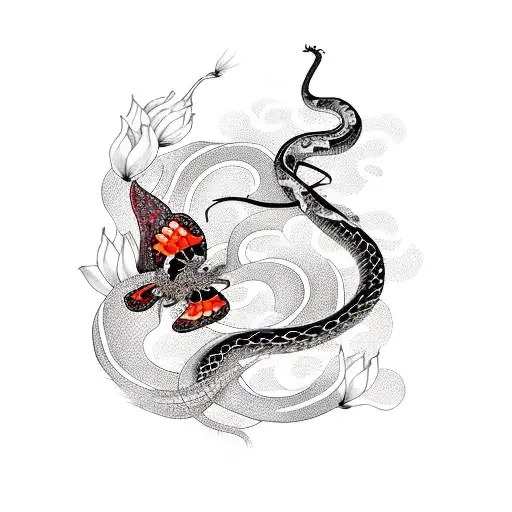 Snake, cherry blossom, spider lily, butterfly, kanagawa waves, falcon tattoo design idea