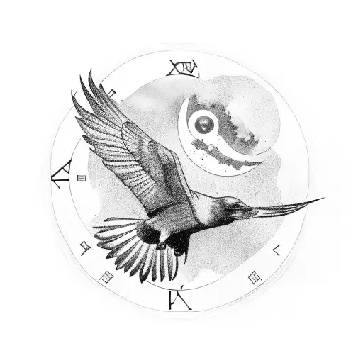 Black and Grey “Raven Flying Towards Clock, Tree” Tattoo Idea - BlackInk AI