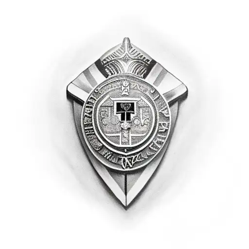 knight with shield and a Saint Benedict medal behind tattoo design idea