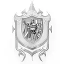 knight with shield and a Saint Benedict medal behind tattoo design idea