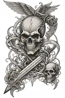 skull wings and between them a flaming sword surrounded tattoo design idea