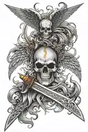 skull wings and between them a flaming sword surrounded tattoo design idea