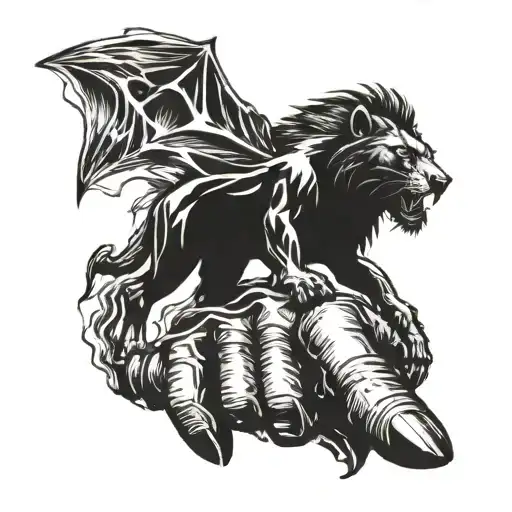A mechanical hand holding a bat with lightning bolts and a lion emerging from the clouds tattoo design idea