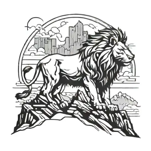 A blackwork design of a lion standing proudly on top of a mountain, with bats flying around in the background tattoo design idea