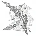 A black and grey sleeve featuring lightning bolts intertwining with clouds and bats in a sketch style tattoo design idea