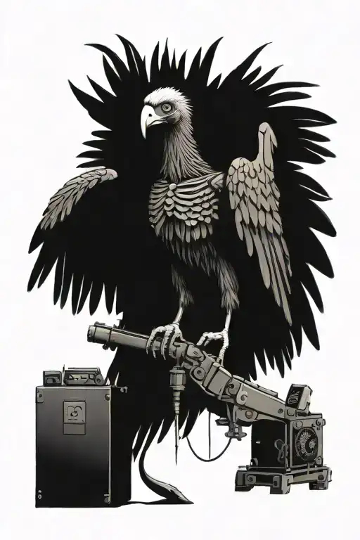 vulture with mechanical wings perched on top of a pile of broken 3d printers tattoo design idea