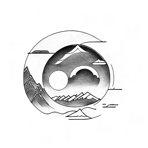 mountains with 3 moons, a road cross the mountains and one person on the road tattoo design idea