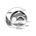 mountains with 3 moons, a road cross the mountains and one person on the road tattoo design idea