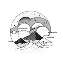 mountains with 3 moons, a road cross the mountains and one person on the road tattoo design idea