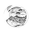 mountains with 3 moons, a road cross the mountains and one person on the road tattoo design idea