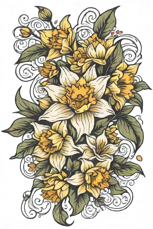 NeoTraditional "Daffodil Water Lily Holly Bouquet" Tattoo Idea