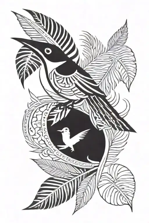 palm leaf with wren flying tattoo design idea