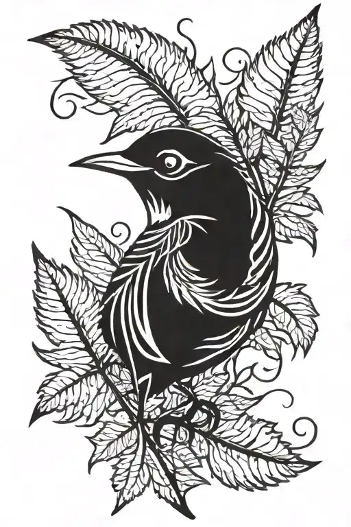 fern leaf with wren bird, last of us tattoo design idea