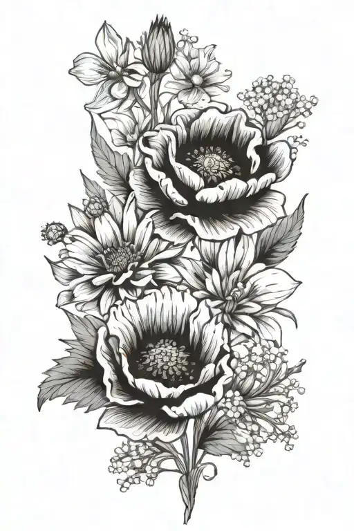 poppy, lavender, Indian paintbrush, daisy, and babys breath tattoo design idea