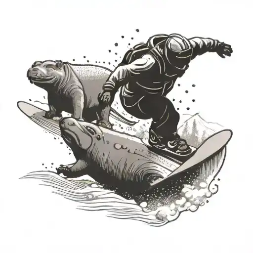 A snowboarder racing down a slope with hippos skiing beside them in a dotwork style tattoo design idea