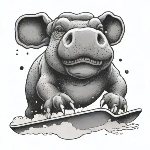 A playful hippo carving through fresh powder on a snowboard tattoo design idea