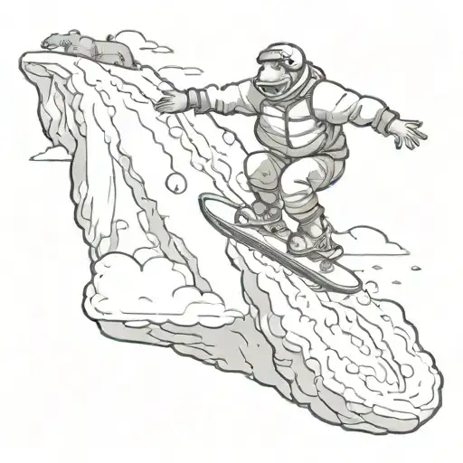 A snowboarder jumping off a cliff with a hippo flying through the air next to them in a sketch style tattoo design idea
