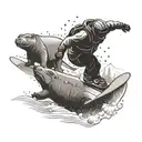 A snowboarder racing down a slope with hippos skiing beside them in a dotwork style tattoo design idea