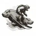 A snowboarder racing down a slope with hippos skiing beside them in a dotwork style tattoo design idea
