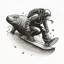 A snowboarder racing down a slope with hippos skiing beside them in a dotwork style tattoo design idea