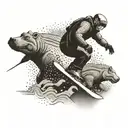 A snowboarder racing down a slope with hippos skiing beside them in a dotwork style tattoo design idea