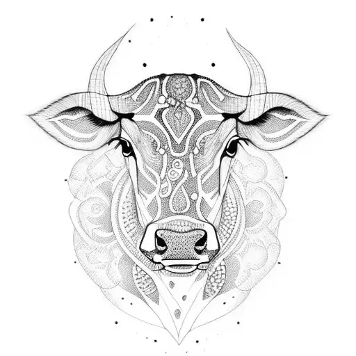 A dotwork tattoo of a cow's head with intricate patterns and designs inspired by traditional butcher tools tattoo design idea