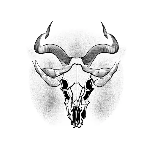 A detailed blackwork tattoo of a cow skull surrounded by various cuts of meat, symbolizing the artistry of butchery tattoo design idea