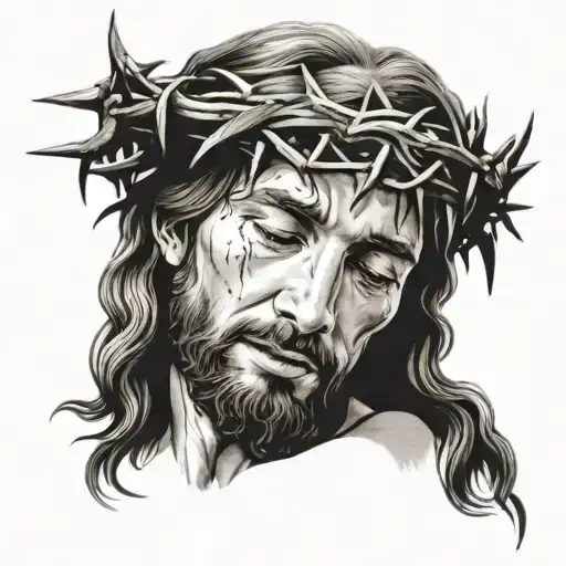 jesus praying with a crown of thorns tattoo design idea