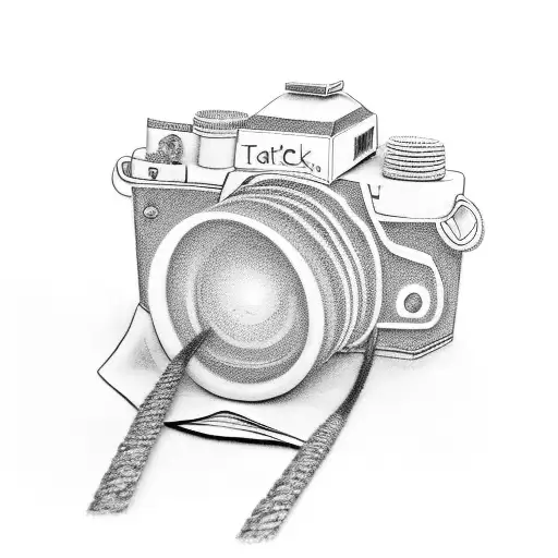 A realistic photograph camera with a trail leading to a beach sunset tattoo design idea