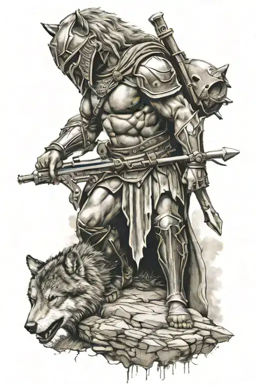 spartan soldier kneeling wolf face tattoo design idea