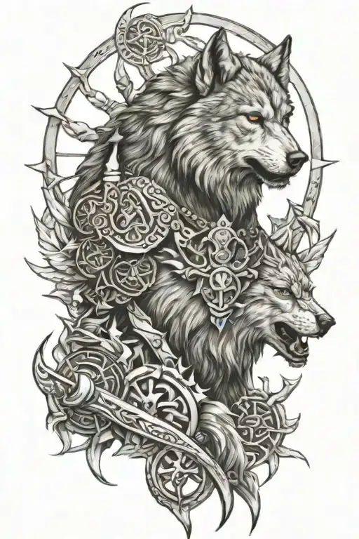 viking warrior wolf sun tattoo design idea
