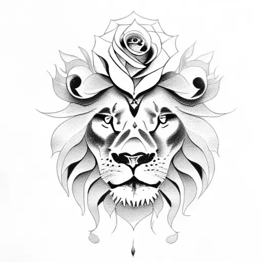 lion with roses and skulls tattoo design idea