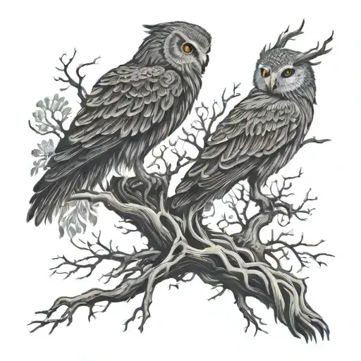 A tree of life tattoo with intricate roots and branches, featuring hidden owl, hawk, and eagle silhouettes within the design tattoo design idea