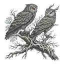 A tree of life tattoo with intricate roots and branches, featuring hidden owl, hawk, and eagle silhouettes within the design tattoo design idea
